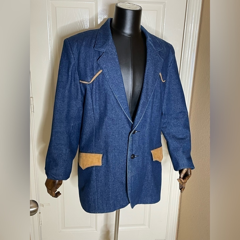 Men's Navy Blue Wool Blend Blazer with Tan Suede Accents - Picture 6 of 12